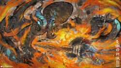  1boy 1other abbbbbbk armor artist_name black_skin blue_eyes colored_skin fire highres lance monster_hunter_(series) nu_udra polearm shield spines tentacles weapon 