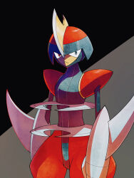  1other arm_blade arms_at_sides bisharp black_background expressionless facing_to_the_side grey_background grey_eyes grey_helmet grey_trim helmet heterochromia high_contrast highres looking_to_the_side pokemon pokemon_(creature) pokemon_focus red_eyes red_helmet red_trim shoulder_pads solo standing two-tone_background two-tone_helmet umi-be-to upper_body weapon 