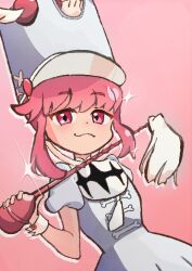  1girl band_uniform conductor_baton dress grey_dress grey_hat hashikure hat holding_baton jakuzure_nonon kill_la_kill looking_at_viewer marching_band_baton pink_background pink_eyes pink_hair puffy_short_sleeves puffy_sleeves shako_cap short_hair_with_long_locks short_sleeves smile smug wrist_cuffs 