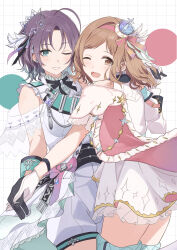  2girls asakura_toru bare_shoulders black_bow blue_eyes blue_hair bow breasts brown_hair crown dress feathers hal_ogura highres idolmaster idolmaster_shiny_colors idolmaster_shiny_colors_song_for_prism jewelry mini_crown multiple_girls open_mouth pink_bow pink_shawl ring sakuragi_mano shawl shorts smile white_shorts 