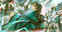 1boy black_hair chinese_clothes chinese_hairpin flower green_eyes green_hanfu hair_between_eyes hanfu high_ponytail highres ink_wash_painting long_hair long_sleeves looking_at_viewer looking_back male_focus original ponytail red_ribbon ribbon wide_sleeves xiaojiaju 