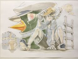  1girl between_legs black_shoes black_shorts blonde_hair clouds commentary_request cup grey_shirt hand_between_legs hand_on_headwear hand_up hat highres ladder looking_at_another mecha medium_hair moon mug newsboy_cap on_ground one_eye_closed original outdoors patch peter_salt red_eyes robot shirt shoes shorts suspender_shorts suspenders traditional_media white_hat yellow_eyes yellow_hat 