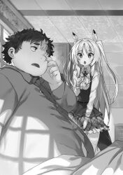  1girl ascot bed bed_sheet bedroom blurry blurry_background blush breasts buta_koushaku ceiling charlotte_lily_hughjack chestnut_mouth collared_shirt cowboy_shot fat fat_man greyscale hair_ribbon indoors long_hair long_sleeves medium_breasts miniskirt monochrome nauribon novel_illustration official_art on_bed open_mouth pajamas plaid_clothes plaid_skirt ribbon rubbing_eyes school_uniform shirt short_hair skirt slow_denning standing thick_eyebrows two_side_up upper_body very_long_hair vest waking_up window 
