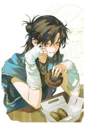  1boy black_hair doughnut food hair_between_eyes hair_bun head_rest highres holding holding_donut holding_food jewelry long_hair looking_at_viewer male_focus necklace original parted_bangs pink_eyes shirt short_sleeves single_hair_bun solo table xiaojiaju zoom_layer 