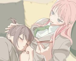  2girls akdrh25 bang_dream! bang_dream!_it&#039;s_mygo!!!!! blazer blurry blurry_background chihaya_anon collared_shirt commentary couple cushion depth_of_field green_necktie grey_eyes grey_hair grey_jacket hair_tie haneoka_school_uniform jacket light_blush long_hair long_sleeves looking_at_another looking_down lying multiple_girls necktie on_side open_mouth pink_hair ponytail reclining rubber_band school_uniform shirt short_hair short_ponytail sleeping sleeping_on_person takamatsu_tomori topknot tying_another&#039;s_hair white_shirt wing_collar winter_uniform wispy_bangs yuri 