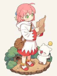  1girl ahoge bag blush boots brown_bag closed_mouth commentary final_fantasy full_body green_eyes holding holding_paper hood hood_down hooded_robe long_sleeves moogle onyhakase paper parchment pink_hair robe shirma shoulder_bag solo standing white_boots white_robe 