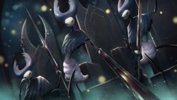  3girls absurdres arthropod_girl hdhenry highres holding holding_polearm holding_weapon hollow_knight horns in-universe_location mantis_lord_(hollow_knight) multiple_girls polearm sitting_on_throne spear throne weapon white_mask 