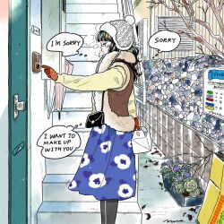  1girl bag beanie black_bag black_eyes black_hair black_pantyhose blue_skirt blush box breath cardboard_box colored_skin commentary door doorbell emamemamo33 english_text floral_print flower_box from_side fur-trimmed_vest fur_trim gloves hat highres holding intercom iridescent_hair leaf long_hair long_sleeves mail original outdoors pantyhose pom_pom_(clothes) pom_pom_beanie red_gloves shoulder_bag sign signature skirt slice_of_life solo speech_bubble stairs stone_wall sweater takeout_container thought_bubble tree umbrella vest white_skin yellow_sweater 