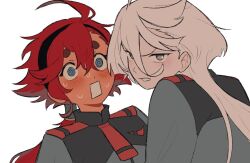  2girls @_@ annoyed asticassia_school_uniform black_hairband blue_eyes blush commentary derivative_work embarrassed english_commentary green_jacket grey_eyes gundam gundam_suisei_no_majo hairband jacket jaywuzhere long_hair miorine_rembran multiple_girls open_mouth parted_lips red_hair school_uniform screenshot_redraw simple_background suletta_mercury sweat thick_eyebrows white_background white_hair yuri 