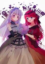  2girls absurdres bat_(animal) black_gloves blue_eyes blush bouquet broom cat dress elbow_gloves emilia_(re:zero) flower gloves graveyard grey_dress grey_hair hair_behind_ear hair_flower hair_ornament halloween hat highres holding holding_bouquet jewelry long_dress long_hair looking_at_viewer multiple_girls open_mouth plant purple_flower purple_hair rain_re_a re:zero_kara_hajimeru_isekai_seikatsu red_dress red_hair rose silk smile spider_web stitches theresia_van_astrea thorns tombstone utaite veil vines violet_eyes witch witch_hat 