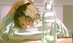  1boy blurry bottle brown_hair covered_mouth depth_of_field hand_on_own_head highres indoors long_sleeves looking_at_viewer male_focus original parted_bangs shirt short_hair solo table upper_body violet_eyes water_bottle white_shirt xiaojiaju 