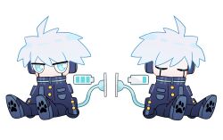  1boy ahoge android aqua_eyes battery_indicator cable charging_device chibi chibi_only closed_eyes commentary_request danganronpa_(series) danganronpa_v3:_killing_harmony fox_(770205490) full_body highres jitome k1-b0 male_focus multiple_views paw_print_soles short_hair simple_background sitting white_background white_hair 