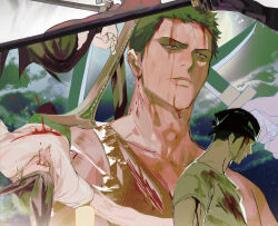  2boys bandana blood chamsut0905 commentary_request dracule_mihawk earrings green_hair haramaki highres holding holding_sword holding_weapon jewelry korean_commentary multiple_boys multiple_views one_piece profile roronoa_zoro shirt short_hair sideburns sword t-shirt weapon white_shirt 