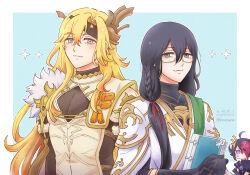  1other 2boys ahoge androgynous black_gloves black_hair black_headband black_shirt blonde_hair blue_background book border braid chibi chinese_clothes cleavage_cutout closed_mouth clothing_cutout compression_shirt curtained_hair elbow_gloves flipped_hair fur_trim glasses gloves granblue_fantasy green_sash grey_eyes hair_between_eyes hair_over_shoulder hair_ribbon hanfu headband holding holding_book honewo horns koku_(granblue_fantasy) light_blush long_hair long_sleeves looking_at_viewer low_side_ponytail male_focus mask mask_on_head multiple_boys one_eye_covered outside_border pectoral_cleavage pectorals pijiu_(granblue_fantasy) red_mask red_ribbon ribbon robe sash semi-rimless_eyewear shirt short_hair side_braid sideways_glance simple_background siwen_(granblue_fantasy) smile sparkle sweatdrop tabard turtleneck turtleneck_shirt upper_body very_long_hair violet_eyes white_border white_hanfu white_robe yellow_tabard 