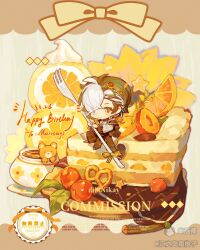  1girl black_hair black_shirt blue_eyes cake cake_slice chibi chibi_only closed_mouth commission food fork fruit full_body happy_birthday heterochromia highres holding holding_fork lemon lemon_slice long_sleeves mihuashi_username multicolored_hair orange_(fruit) orange_slice original oversized_object sanwenyu'nan shirt short_hair sitting solo two-tone_hair watermark white_hair yellow_eyes 
