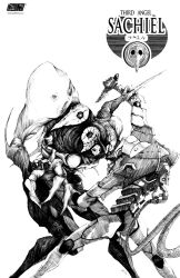  alien angel_(evangelion) character_name commentary dated duel english_commentary eva_01 grabbing_another's_arm greyscale hatching_(texture) henskelion highres holding holding_knife knife linear_hatching lineart mecha monochrome monster neon_genesis_evangelion no_humans prog_knife robot sachiel_(evangelion) traditional_media twitter_username white_background 