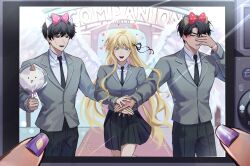  1girl 2boys :d absurdres averting_eyes biyoo_(omniscient_reader&#039;s_viewpoint) black_hair black_necktie black_pants black_skirt blonde_hair blush bow character-themed_food collared_shirt cotton_candy covering_face cowboy_shot food green_eyes grey_vest hair_bow hair_over_shoulder hairband heart highres holding holding_cotton_candy holding_food holding_hands kim_dokja long_hair looking_at_viewer matching_outfits multiple_boys necktie omniscient_reader&#039;s_viewpoint pants pov pov_hands purple_nails saihachi06 shirt short_hair skirt smile sparkle uriel_(omniscient_reader&#039;s_viewpoint) very_long_hair vest viewer_holding_phone wavy_hair white_shirt yoo_joonghyuk 