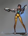  1girl absurdres bodysuit brown_hair dual_wielding goggles gun highres midfinger22 overwatch short_hair solo spiky_hair tracer_(overwatch) union_jack weapon 