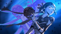  1girl black_hair blue_theme blunt_bangs commentary_request highres holding holding_mask korean_commentary kpop_demon_hunters looking_at_viewer mask mirae_c parted_lips shadow short_bangs sidelocks solo sparkle upper_body zoey_(kpop_demon_hunters) 