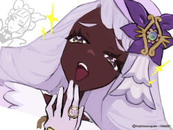  2girls :d commentary dark-skinned_female dark_skin eyelashes gloves hand_up happy hat hat_ornament jacinthe_(pokemon) jewelry lebanne_(pokemon) mayotsunamayo multiple_girls open_mouth partially_colored pink_hat pokemon pokemon_legends:_z-a ring smile solo_focus sparkle teeth twitter_username upper_teeth_only watermark 
