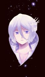  1046sstep_btoh 1girl bankai bleach bleach:_sennen_kessen-hen colored_eyelashes commentary_request hair_between_eyes hakka_no_togame_(bankai) highres kuchiki_rukia portrait short_hair signature solo violet_eyes white_hair 