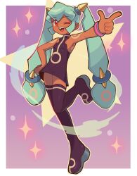  1girl ;d aqua_hair arm_up armpits black_boots black_dress blunt_bangs boots border breasts castussan commission dark-skinned_female dark_skin double-parted_bangs dress eyeliner full_body gradient_background halterneck hand_on_own_hip happy highres horns index_finger_raised knee_up knees_together_feet_apart long_hair makeup mega_man_(series) mega_man_legends_(series) one_eye_closed open_mouth outline outside_border outstretched_arm purple_background red_eyeliner red_eyes short_dress shoulder_tattoo sideboob sidelocks sleeveless sleeveless_dress small_breasts smile solo sparkle_background star_(symbol) star_symbol_background tattoo teeth thigh_boots twintails upper_teeth_only v-bangs white_border wristband yellow_outline yuna_(mega_man) 