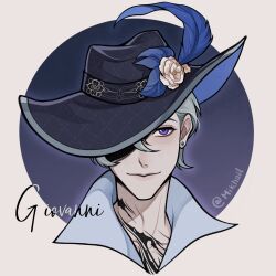  1boy argyle_clothes argyle_hat artist_name black_hat blue_hat border brown_border camellia character_name chest_tattoo chinese_commentary closed_mouth collarbone collared_shirt commentary_request cropped_shoulders diamond_earrings earrings flower giovanni_(infinity_nikki) grey_hair grey_shirt hair_between_eyes hat hat_feather hat_flower highres infinity_nikki jeebywang jewelry lips male_focus neck_tattoo nikki_(series) one_eye_covered outline outside_border purple_background round_border shirt short_hair smile solo stud_earrings tattoo two-sided_fabric two-sided_headwear violet_eyes white_flower white_outline 