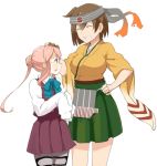  2girls brown_hair chocotto715 closed_eyes glasses hachimaki hair_bun hand_on_another&#039;s_head headband hiryuu_(kantai_collection) japanese_clothes kantai_collection long_hair long_sleeves makigumo_(kantai_collection) multiple_girls one_side_up open_mouth pantyhose pink_hair remodel_(kantai_collection) school_uniform short_hair sleeves_past_wrists smile 