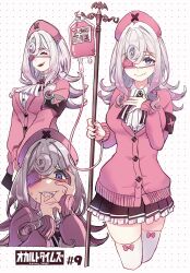  black_skirt blue_eyes cardigan collared_shirt cowboy_shot cropped_legs dress_shirt eyepatch fangs flipped_hair grey_hair hand_on_own_hip hat highres ido_(teketeke) intravenous_drip iv_stand long_hair nurse_cap occult_times original pink_cardigan pleated_skirt shirt simple_background skirt smile thigh-highs upper_body vampire white_background white_shirt white_thighhighs 