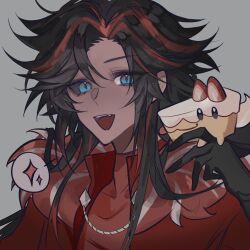  1boy :3 :d androgynous animal black_eyes black_gloves black_hair black_sclera blue_eyes cake_hound chinese_commentary collarbone colored_sclera commentary_request cookie_run cookie_run:_kingdom cream_cake_hound dark-skinned_male dark_skin dog eyes_visible_through_hair fang food food-themed_creature food_as_ears fruit ginata_oc gloves grey_background hair_between_eyes hair_flaps hand_up highres holding holding_animal holding_dog humanization jacket long_hair looking_at_viewer male_focus mismatched_sclera multicolored_hair open_clothes open_jacket open_mouth portrait red_hair red_jacket red_shirt red_velvet_cookie shirt sidelocks simple_background smile solid_oval_eyes solo spoken_sparkle strawberry strawberry_slice streaked_hair teeth tongue tongue_out tsurime turtleneck turtleneck_shirt two-tone_hair upper_teeth_only 