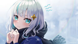  1girl :t ars_almal ars_almal_(7th_costume) black_scarf blue_eyes blue_hair blue_streaks blush closed_mouth colored_inner_hair hair_ornament highres multicolored_hair nijisanji scarf short_hair simple_background solo streaked_hair tatami_kami upper_body virtual_youtuber white_hair winter_uniform 