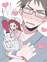  1boy 1girl :d @_@ apron black-framed_eyewear blush braid braided_twintails broken_heart brown_eyes brown_hair cardiogram clutching_chest collared_dress commentary dress ear_blush eyebrow_cut flustered full_body futsuu_no_keion-bu glasses grey_eyes grey_hair hair_ornament hairclip hat heart hetero highres holding holding_syringe inusuki_kogeta lovestruck mole mole_under_eye needle nurse nurse_cap open_mouth oversized_object parted_bangs pink_dress pink_shoes puffy_short_sleeves puffy_sleeves shoes short_hair short_sleeves smile syringe thigh-highs tohno_gen twin_braids uchida_momo v-shaped_eyebrows white_apron white_thighhighs 