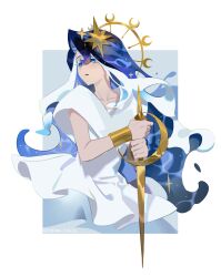  1girl absurdres bare_arms blue_eyes blue_hair border bracelet collarbone colored_eyelashes cookie_run cookie_run:_kingdom crescent flat_chest frilled_shirt frills gold_bracelet grey_background hair_between_eyes hair_ornament halo highres holding holding_polearm holding_weapon humanization jewelry lance liquid_hair long_hair looking_ahead multicolored_hair official_alternate_costume official_alternate_hair_color outside_border parted_lips polearm sea_fairy_cookie sea_fairy_cookie_(rippling_moonlight) shime52631 shirt short_sleeves simple_background solo sparkle star_(symbol) star_hair_ornament streaked_hair turning_head twitter_username two-tone_hair very_long_hair weapon white_border white_eyelashes white_hair white_shirt yellow_halo 