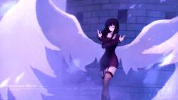 1girl absurdres black_hair blunt_bangs boots closed_eyes closed_mouth commission crossed_arms dress fishnet_thighhighs fishnets garter_straps heart highres long_hair long_sleeves nico_robin one_piece outdoors purple_dress rnna solo thank_you thigh-highs wings 