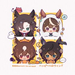  4girls animal_ear_piercing animal_ears ascot bat_(animal) bearloaff black_coat black_hair blue_eyes blush bolt_(hardware) brown_hair candy candy_corn chibi chibi_only closed_mouth coat cosplay crescent_moon dark-skinned_female dark_skin demon demon_horns demon_tail ear_ornament earrings ears_through_hood fangs food frankenstein&#039;s_monster frankenstein&#039;s_monster_(cosplay) ghost ghost_costume green_eyes hair_between_eyes halloween halloween_costume highres holding holding_pitchfork horns horse_ears horse_girl jewelry lollipop long_hair long_sleeves looking_at_viewer moon multicolored_hair multiple_girls musical_note object_through_head one_eye_closed open_mouth pitchfork popped_collar pumpkin_costume pumpkin_hat red_eyes screw_in_head sheet_ghost shirt single_earring sirius_symboli_(umamusume) smile speech_bubble speed_symboli_(umamusume) spoken_musical_note stitched_face stitches streaked_hair symboli_kris_s_(umamusume) symboli_rudolf_(umamusume) tail umamusume upper_body vampire_costume very_long_hair violet_eyes white_ascot white_hair 