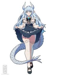  1girl black_shoes blue_eyes blue_hair blue_skirt blunt_bangs blush breasts clothes_lift dragon_girl dragon_horns dragon_tail full_body high-waist_skirt highres horns jesternalagon lifting_own_clothes long_hair long_sleeves looking_at_viewer monster_girl original pointy_ears scales shirt shoes skirt skirt_hold skirt_lift smile solo standing tail thigh-highs very_long_hair white_background white_shirt white_thighhighs 