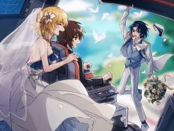 1girl 2boys athrun_zala bird blonde_hair blue_hair bouquet bridal_veil bride brother_and_sister brown_hair cagalli_yula_athha closed_eyes cockpit dove dress flower green_eyes groom gundam gundam_seed hair_flower hair_ornament hat highres kira_yamato multiple_boys open_cockpit peaked_cap shiro_kunugi short_hair siblings smile twins veil violet_eyes wedding_dress 