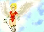  1girl angel_wings armor blonde_hair breath_of_fire breath_of_fire_i gloves green_eyes hairband leotard nina_(breath_of_fire_i) short_hair solo thigh-highs white_wings wings 