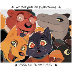  2girls 3boys absurdres angus_delaney animal_ears bea_santello beak bear_boy bear_ears bird_boy bleydhdu brown_hat cat_ears cat_girl cigarette crocodile_girl english_commentary english_text fangs fedora fox_boy fox_ears furry furry_female furry_male germ_warfare gregg_lee hat highres mae_borowski multiple_boys multiple_girls night_in_the_woods open_mouth round_eyewear smile smoke upper_body whiskers 