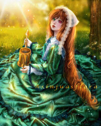  1girl asinjuasflora brown_hair dress field frills green_dress green_eyes hat headscarf heterochromia highres holding holding_watering_can lolita_fashion long_hair long_sleeves realistic red_eyes rozen_maiden sitting solo suiseiseki tree very_long_hair watering_can watermark white_headscarf 