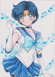  1girl absurdres back_bow bishoujo_senshi_sailor_moon blue_background blue_bow blue_bowtie blue_choker blue_eyes blue_hair blue_sailor_collar blue_skirt blush bow bowtie chikoto_(kztc4472) choker circlet closed_mouth collarbone commentary elbow_gloves gloves hand_up highres looking_at_viewer magical_girl mizuno_ami parted_bangs pleated_skirt sailor_collar sailor_mercury sailor_senshi_uniform short_hair skirt smile solo traditional_media white_gloves 