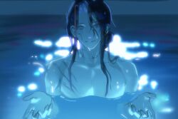  1boy black_hair chainsaw_man curtained_hair emmmmabab fate/grand_order fate_(series) grey_eyes heterochromia highres i'll_teach_you_everything_(chainsaw_man) kondou_isami_(fate) light_reflection_(water) long_hair looking_at_viewer male_focus movie_reference multicolored_hair parody partially_submerged pool red_streaks scene_reference smile solo streaked_hair topless_male two-tone_hair water wet wet_hair 