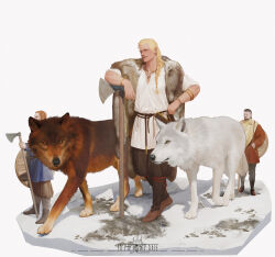  absurdres animal_ears armlet artist_logo artist_name axe badge battle_axe blonde_hair blue_eyes braid brown_fur brown_hair claws grin highres holding holding_axe holding_shield holding_weapon jewelry leman_russ logo long_hair looking_at_viewer pelt primarch red_hair shield single_braid smile space_wolves tail usfr warhammer_40k weapon white_fur wolf wolf_ears wolf_pelt wolf_tail yellow_eyes 