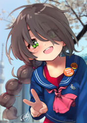  1girl :d ascot blue_sailor_collar blue_serafuku blush braid brown_hair emoji eyes_visible_through_hair freckles green_eyes highres long_hair looking_at_viewer original photo_background pin round_teeth sailor_collar school_uniform serafuku smile solo sumi_(oyasumie) teeth upper_teeth_only v 