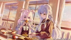 2girls apple assault_lily belt belt_buckle blue_eyes blue_jacket blue_sky bocchi_(kuropom7) bow bowl bowtie brown_sailor_collar buckle building city closed_mouth clouds commentary_request copyright_notice curtains double_bun dutch_angle eating evening food food_in_mouth fruit grey_hair hair_bow hair_bun hair_ribbon hands_up high-waist_skirt holding holding_food holding_spatula hood hood_down hooded_jacket indoors jacket kanba_girls_high_school_uniform kon_kanaho light_particles long_hair long_sleeves looking_at_another looking_to_the_side multicolored_jacket multiple_girls necktie official_art open_clothes open_jacket pie pie_slice pink_hair pink_jacket pink_scrunchie plate purple_ribbon red_belt red_shirt red_skirt ribbon sailor_collar school_uniform scrunchie serafuku shirt short_necktie sidelocks sideways_glance skirt sky skyscraper smile sparkle spatula standing table tamba_akari two-tone_jacket upper_body very_long_hair whisk white_bow white_bowtie white_necktie window wrist_scrunchie yellow_eyes 