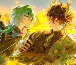  2boys anaxa_(honkai:_star_rail) black_hair closed_eyes closed_mouth crossed_arms dan_heng_(honkai:_star_rail) fingerless_gloves gloves honkai:_star_rail honkai_(series) horns jewelry light_blush long_hair looking_at_another multiple_boys multiple_rings noredemptionarc pointy_ears ring 