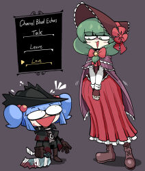  2girls alternate_costume beads belt black_coat black_hat black_pants blood blood_on_clothes blood_on_weapon blue_hair bonnet boots brown_boots brown_gloves cape coat frilled_bonnet frilled_skirt frills front_ponytail gloves green_hair hair_beads hair_ornament hat highres holding holding_weapon kagiyama_hina kawashiro_nitori kevin_arthur kneeling long_skirt medieval multiple_girls open_mouth own_hands_clasped own_hands_together pants parody pleated_skirt purple_cape red_bonnet red_skirt skirt standing touhou twintails user_interface weapon 