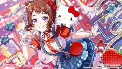  1girl alternate_costume artist_request bag bang_dream! blush brown_hair crossover hair_ornament hairclip happy hello_kitty hello_kitty_(character) highres long_hair looking_at_viewer official_alternate_costume official_art one_eye_closed purple_hair red_shoes sanrio shoes smile standing thigh-highs tongue tongue_out toyama_kasumi white_thighhighs 
