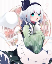  1girl :o adapted_costume alternate_costume apron black_hairband blush circle enmaided flying_sweatdrops frilled_apron frills green_eyes green_kimono grey_hair hairband highres hilt hitodama hugging_object japanese_clothes kimono konpaku_youmu konpaku_youmu_(ghost) leaf_print looking_at_viewer maid maple_leaf_print patterned_background short_hair sleeves_past_fingers sleeves_past_wrists solo sword sword_on_back touhou tray unmoving_pattern wa_maid weapon weapon_on_back white_apron yagasuri you_(noanoamoemoe) 