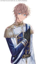  1boy black_gloves blue_eyes blue_sash blue_shirt brown_hair commentary_request cowboy_shot epaulettes fringe_trim gloves gold_trim hand_on_own_chest highres idol idol_clothes jaeyun king&#039;s_raid medium_hair microphone multicolored_shirt official_alternate_costume official_art sash shirt shoulder_sash simple_background smile solo striped_sash theo_(king&#039;s_raid) white_background white_sash white_shirt 